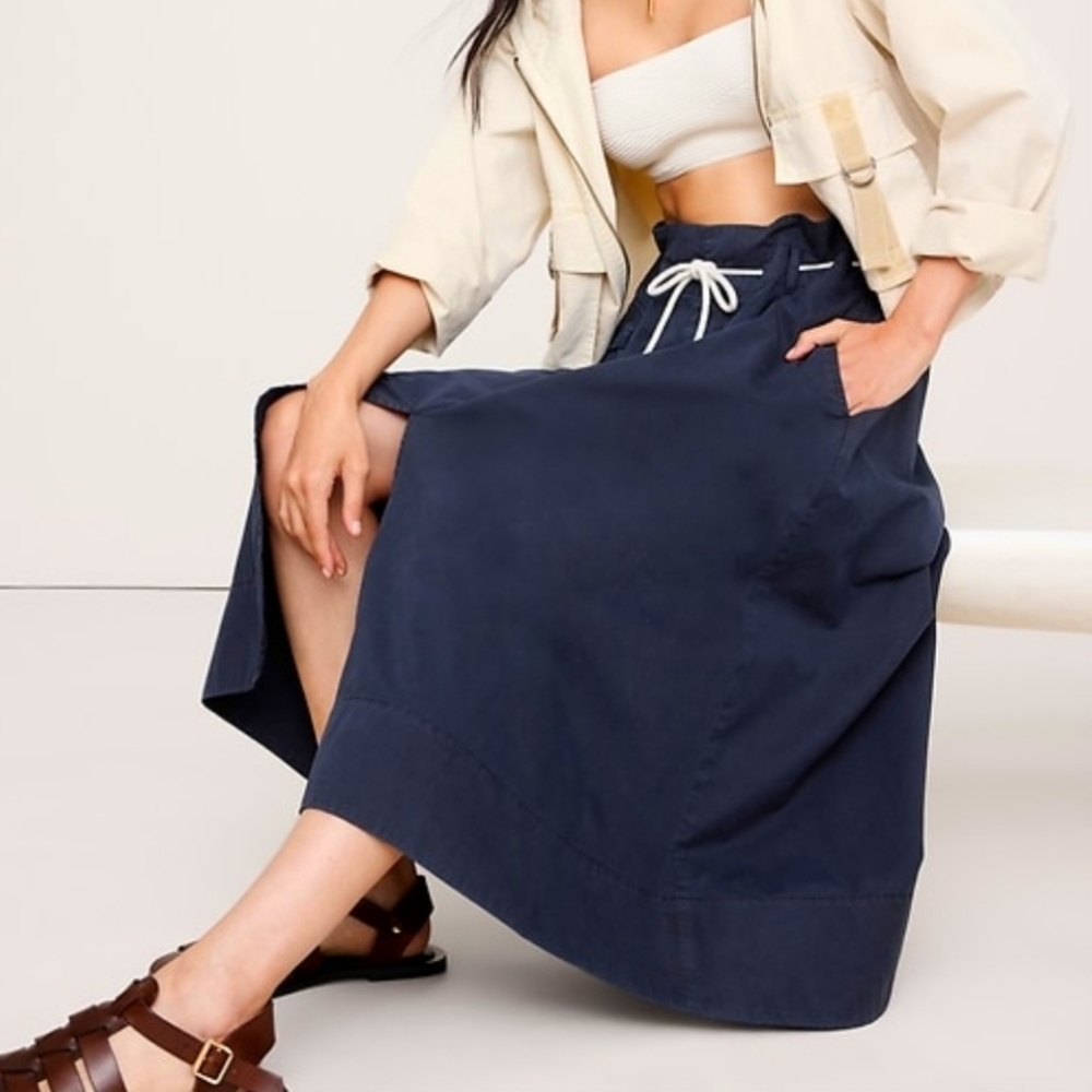 NEW Banana Republic Cotton Poplin Rope Tie Midi Skirt Sz Sm Oversized Navy Blue